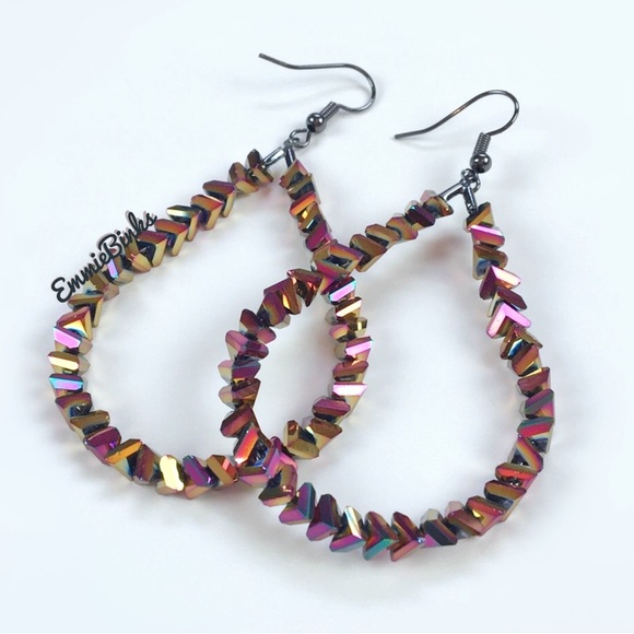 New FP Oil Slick Holographic Beaded Teardrop Dangle Earrings - Picture 3 of 14